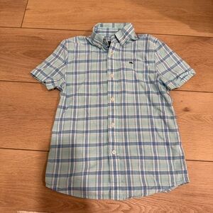 Vineyard Vines boys button up collared shirt plaid blue whale Easter church polo